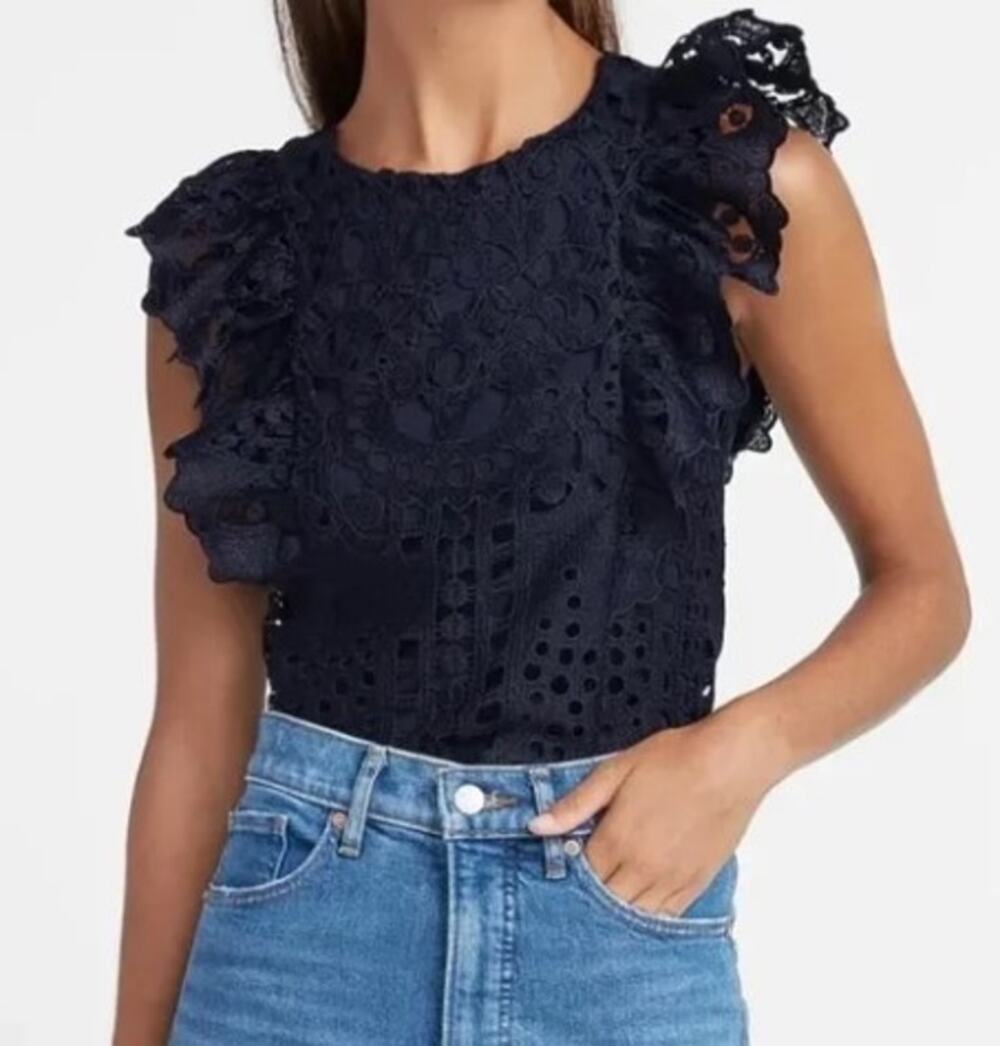 New EXPRESS Chunky Lace Flutter Sleeve Top in Navy Blue Small